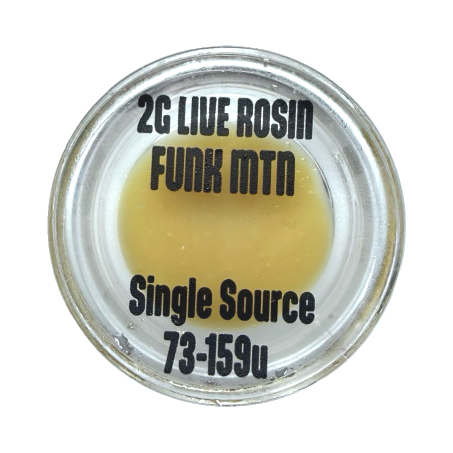 Top-down view of Lifted Dream Funk Mountain 2g cold cure live rosin in a clear glass jar