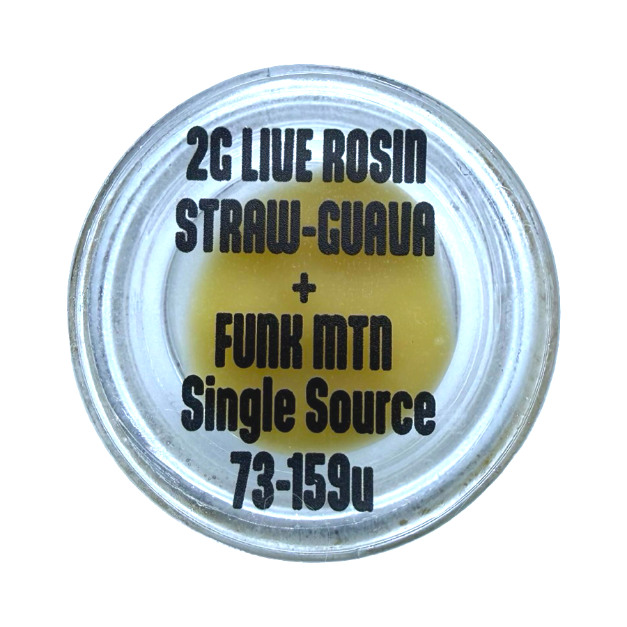 Top-down view of 2g Funk Mtn single source Straw-Guava live rosin by Lifted Dream in glass jar