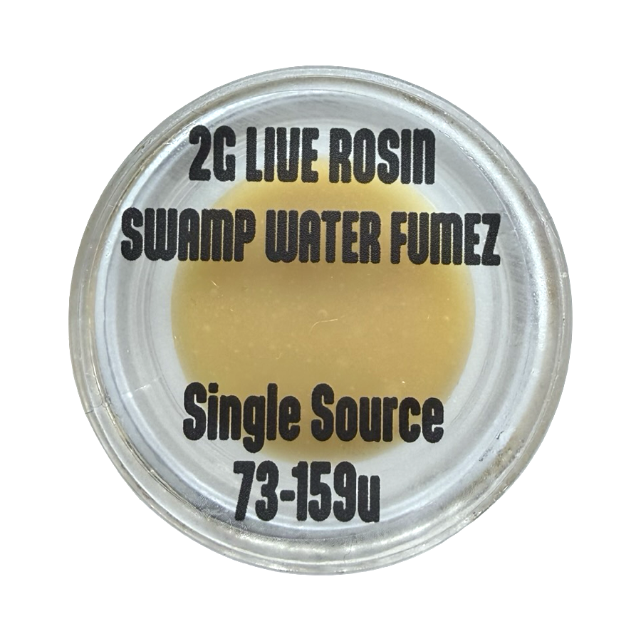 Top-down view of 2g Swamp Water Fumez live rosin in clear glass jar by Lifted Dream, pale gold color