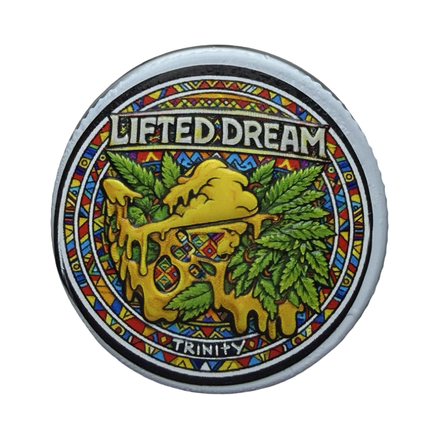Lifted Dream Trinity jar lid with colorful illustrated artwork for Swamp Water Fumez cold cure concentrate