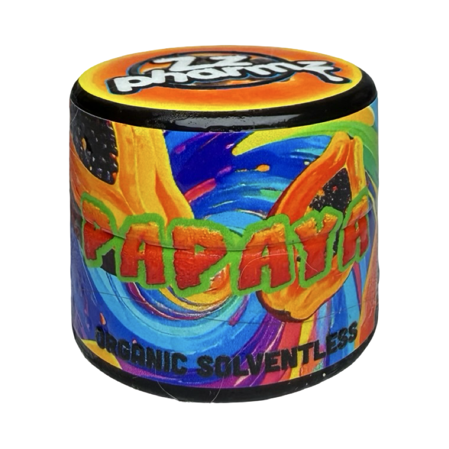 Zzpharmz Papaya cold cure concentrate jar with vibrant psychedelic label art on white background
