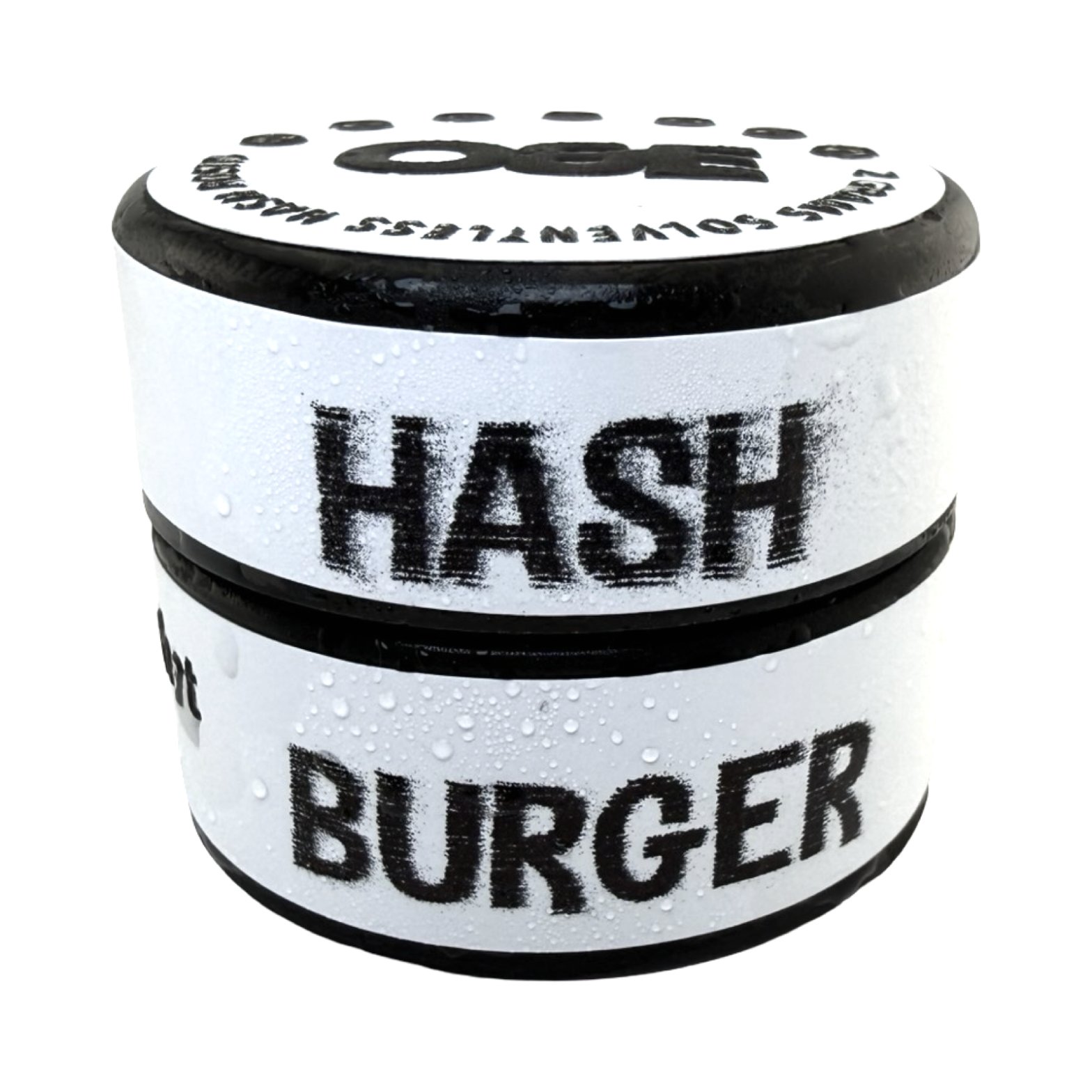 Oil and Eve Hash Burger cold cure hash rosin 2g jar with black and white label showing water droplets