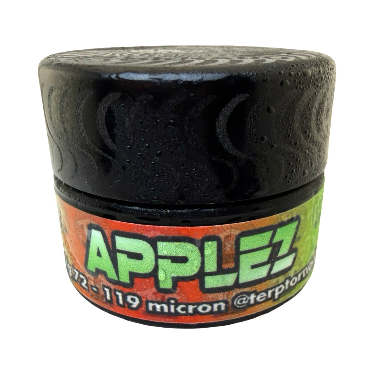 Terp Tornado Applez cold cure rosin jar front view showing colorful label with strain name