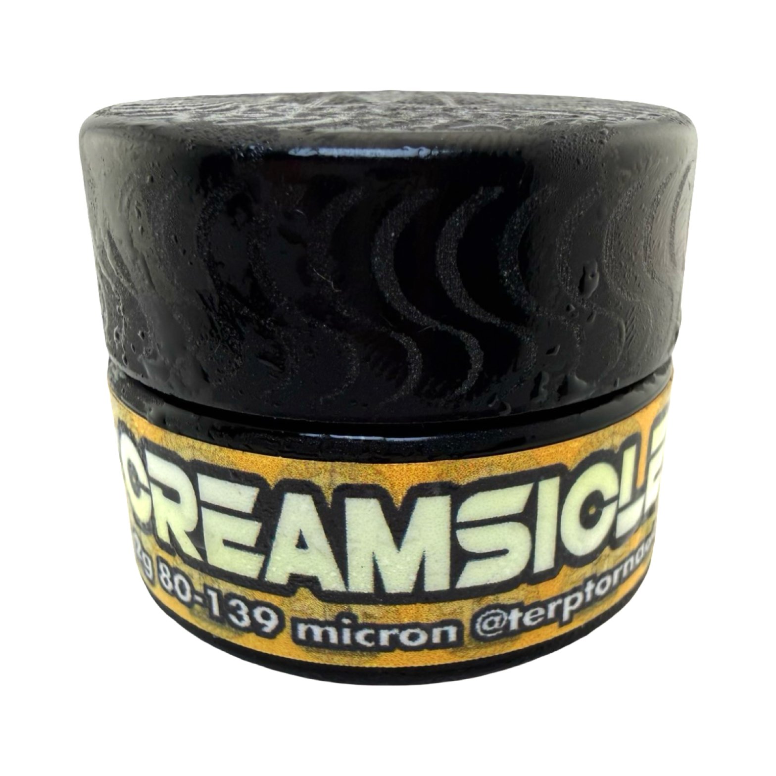 Terp Tornado Creamsicle cold cure rosin jar front view showing strain label on black jar