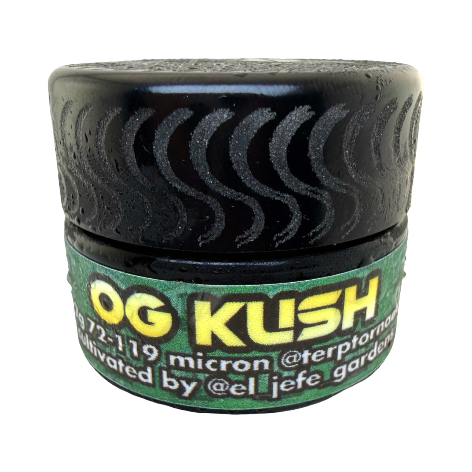 Terp Tornado OG Kush cold cure 2g jar front label showing strain name 72-119 micron and el jefe gardens grower credit