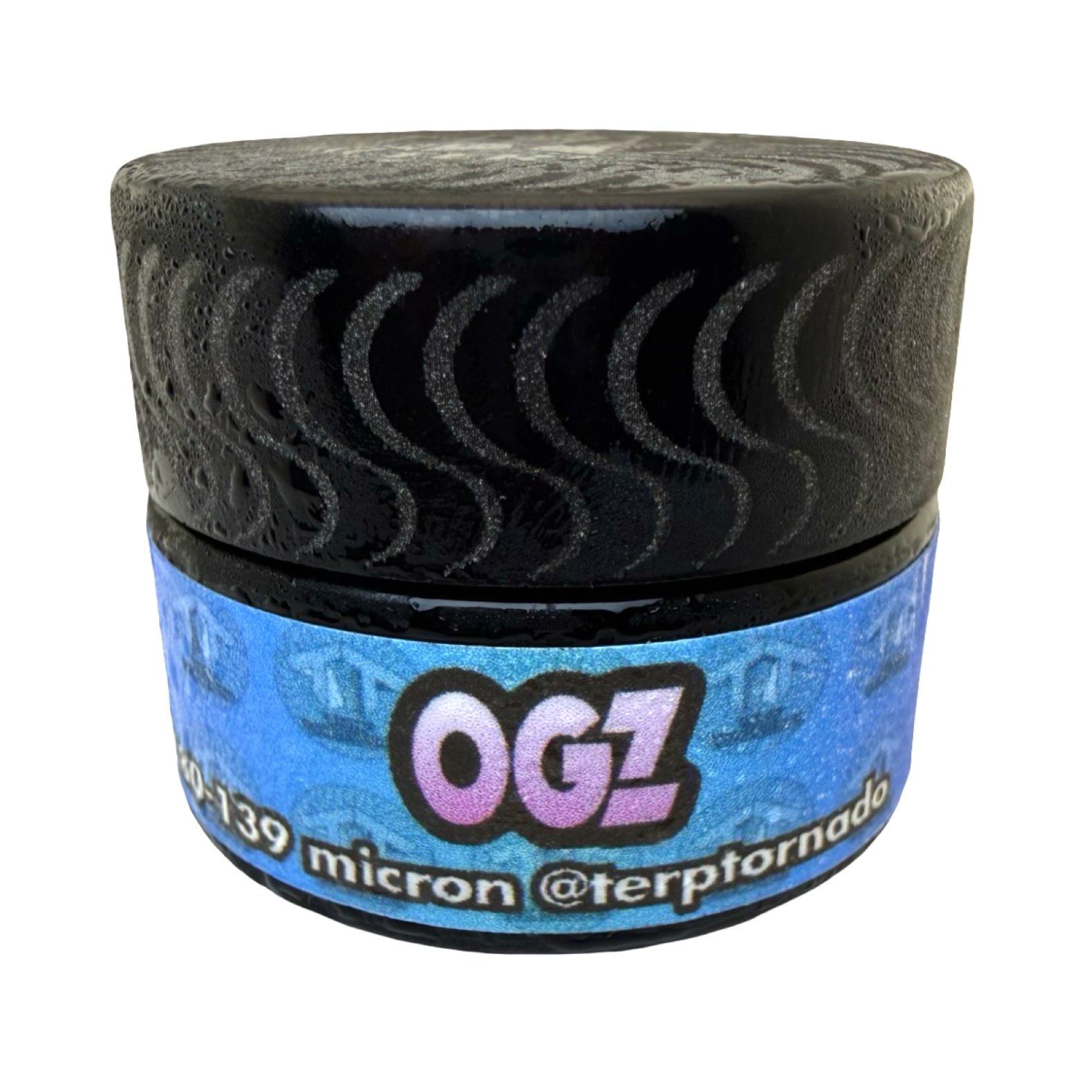 Terp Tornado OGZ cold cure hash jar front label showing brand name and 40-139 micron spec
