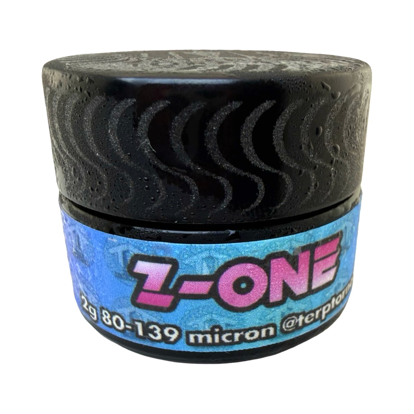 Terp Tornado Z-One cold cure hash jar front view showing blue gradient label with pink brand name
