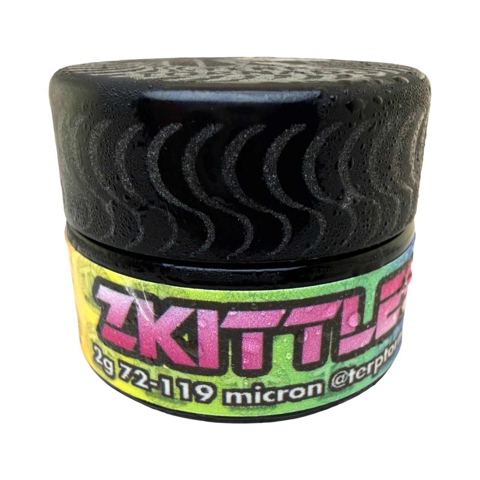 Terp Tornado Zkittlez cold cure hash front label view showing 2g 72-119 micron detail