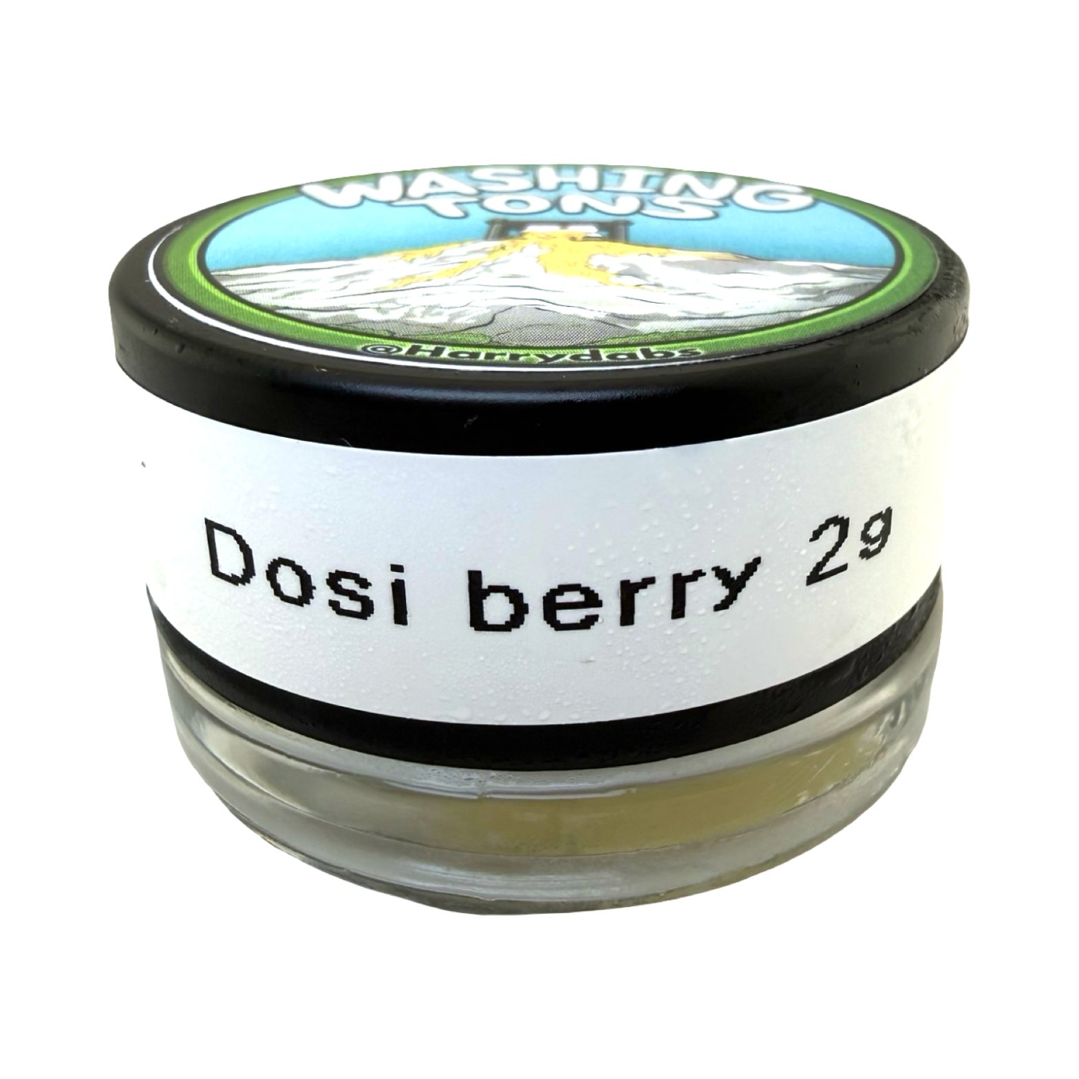Washing Tons Dosi Berry 2g cold cure rosin in sealed glass jar with branded lid on white background