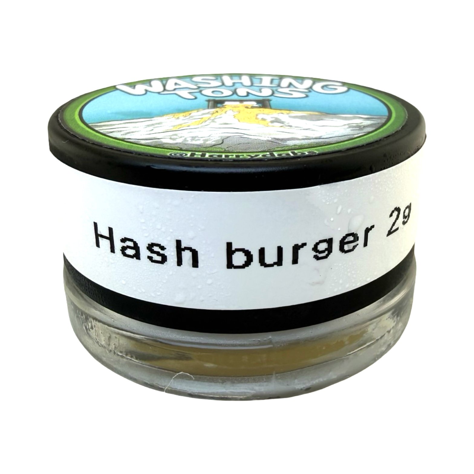 Washing Tons Hash Burger 2g cold cure concentrate in sealed glass jar with branded lid